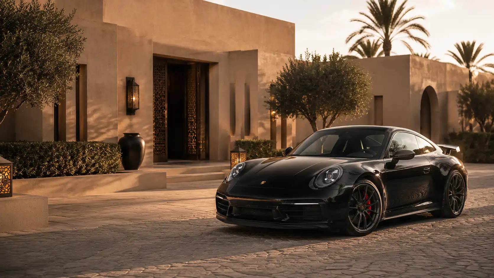Begin an Accrocar luxury car reservation in Marrakech Porsche luxury car at night for Accrocar reservation in Marrakech