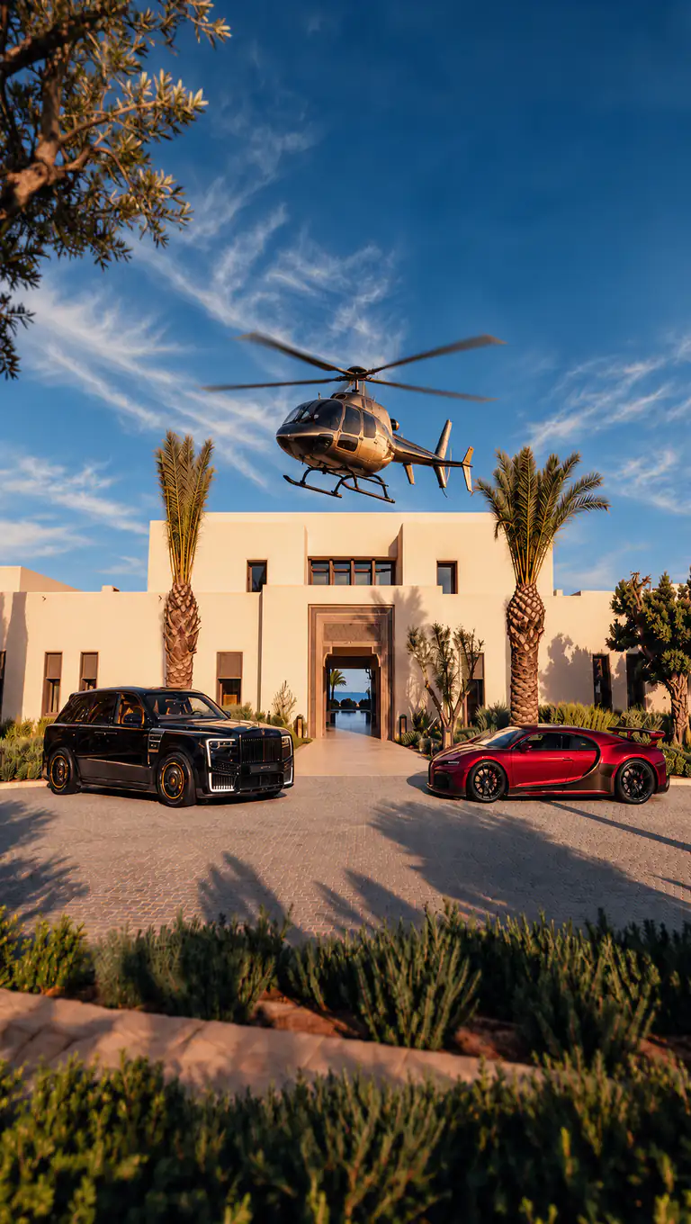 Bentley Bentayga at dusk among the palm trees of Marrakech, headlights on