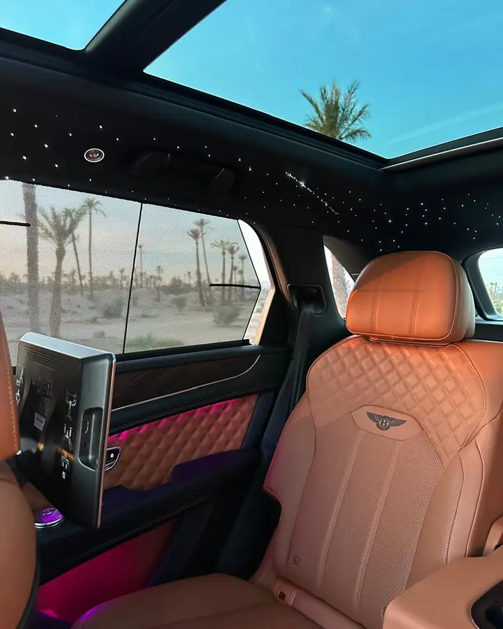 Rear cabin of a Bentley Bentayga, palm trees beyond the window