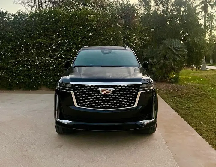 Black Cadillac Escalade facing the camera in a villa driveway, a flowering hedge behind